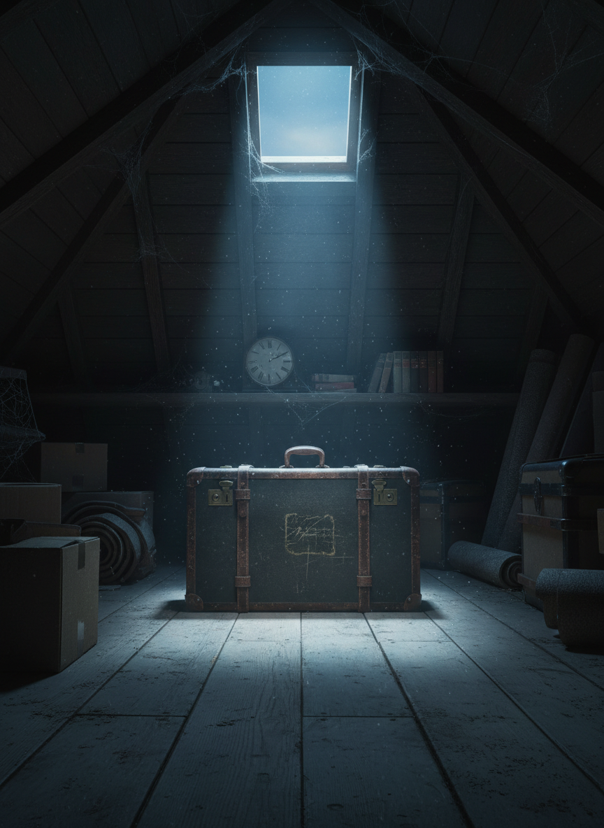 Inside a dim attic, wooden beams and dust-filled air frame a single, mysterious suitcase on the floor, rendered in high-resolution photographic realism. The suitcase is medium-sized, covered in dark, worn canvas with leather corners and a brass nameplate scratched beyond legibility. A narrow skylight above lets in a shaft of cool, bluish evening light, illuminating floating dust particles and highlighting the suitcase while leaving surrounding boxes and trunks in deep shadow. An old wall clock and a stack of Dutch-language paperbacks are barely visible in the gloom. The image is shot from a low angle, close to the floor, drawing the viewer’s eye along the worn floorboards toward the case. The mood is tense, secretive, and introspective, perfect for a mysterious summer novel aesthetic.